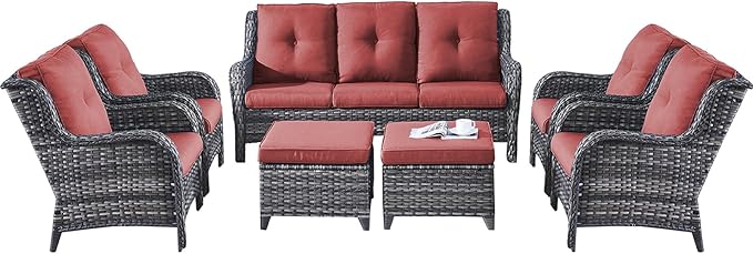 Rilyson Wicker Patio Furniture Chairs Set - 7 Piece Rattan Outdoor Sectional Conversation Sets with 1 Sofa,4 Armrest Chairs and 2 Ottomans for Porch Deck Garden(Mixed Grey/Red)