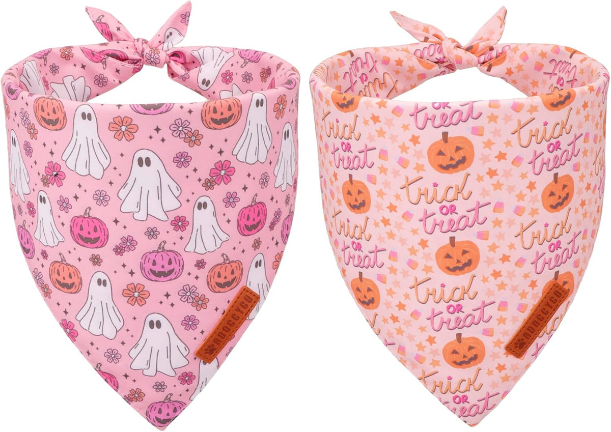 ADOGGYGO Halloween Dog Bandana, Pink Pumpkin Ghost Scarf, Adjustable Fit Female Halloween Bandanas for Small Dogs Puppies (Small)