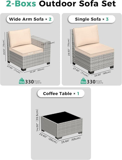 6 Piece Outdoor Wicker Rattan Sectional Sofa Set, 5-Seats Patio Furniture Conversation Set with 4" Thickened Cushions & Coffee Table, All-Weather PE Rattan for Garden, Backyard, Porch, Beige