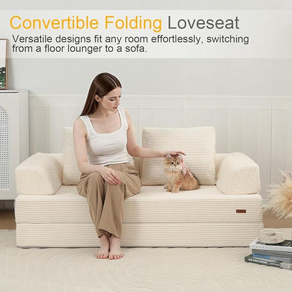 COMAX Convertible Sofa Bed, Folding Floor Couch Corduroy Fold Out Couch Bed Futon Sleeper Mattress with Pillows, Boneless Sofa Comfy Lounge Loveseat for Living Room Bedroom, Beige