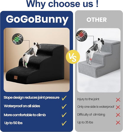 GoGoBunny Waterproof High Density Foam Curved Dog Stairs for High Beds Couches 19.7" H, 4-Step Ramp Dog Steps Friendly to Small Medium Dogs or Pets Joints, Non-Slip Balanced Durable Pet Step, Black