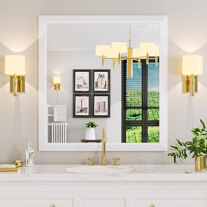 Amorho Bathroom Mirror, 40X38 Inch White Thick Metal Framed Wall Mirrors