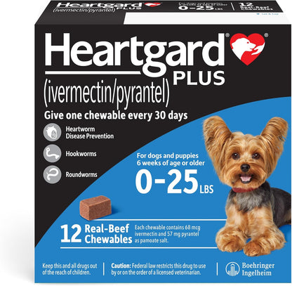 HEARTGARD® Plus (ivermectin/pyrantel) Real-Beef Chewables for Dogs up to 25 lbs (Blue Box) 12 Month Supply of Chews (Heartworm Disease Preventive)