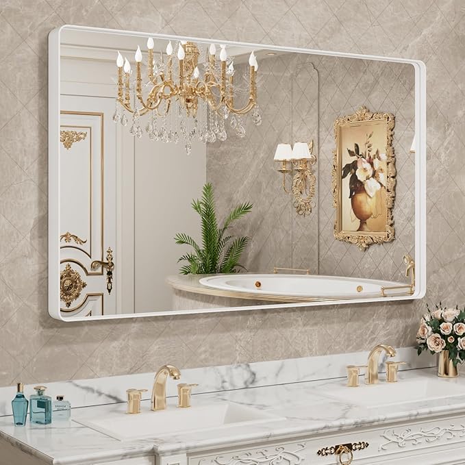 LOAAO 60x36 Inch White Metal Framed Bathroom Mirror