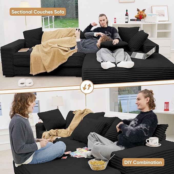 111‘’ Sectional Cloud Couches with L Shaped Chaise, Extra Large Sleeper Couch Reversible Corduroy with 8pcs Pillows for Living Room, Bedroom