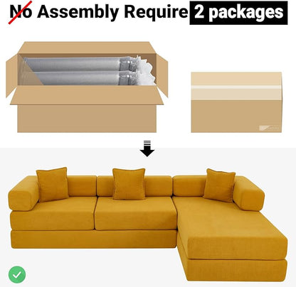 108" Oversized Convertible Sleeper Sofa Bed, Corduroy L Shape Sectional Couch, Folding Sofa Bed with Fixed-Shape Frame, Modern Cloud Floor Mattress Couch, Modular Sofa for Living Room, Yellow