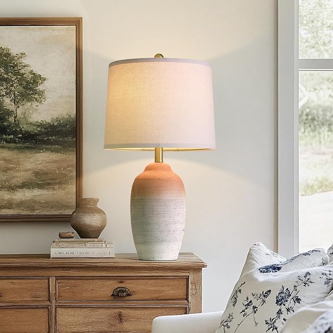 24.5" Vintage Ceramic Table Lamp - Single Farmhouse Rustic Bedside Lamp with Natural Textured Finish, Nightstand Lamps for Living Room, Bedroom, End Table, Office White and Brown