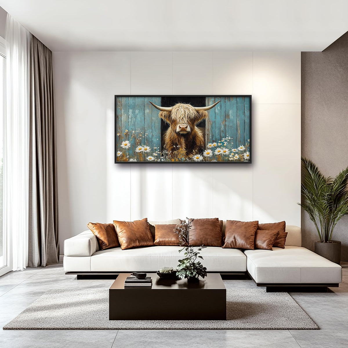 Large Farmhouse Highland Cow Country Wall Art for Living Room, Floral Canvas Oversized Wall Decor, Daisy Flower Animal Framed Pictures Painting Print Artwork for Bedroom Office 60"L x 30"W