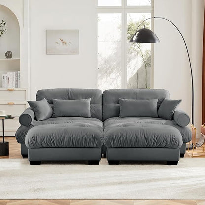 93.7” Oversized Grey Velvet Loveseat Sofa, Deep Seat 2-Seater Modular Sectional Couches for Living Room with 2 Ottoman, Cloud Home Sofas Set, Love Seat Couches
