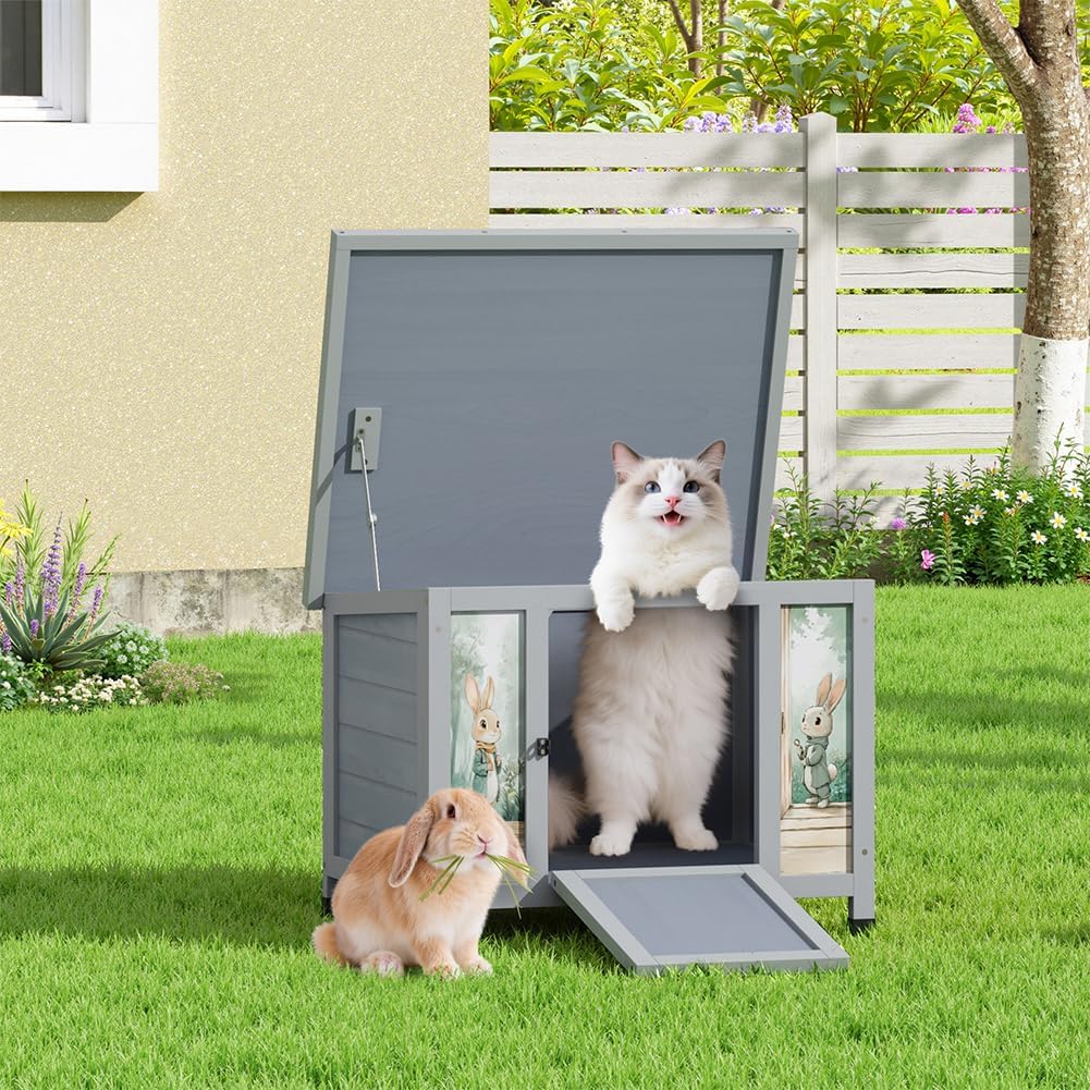 COZIWOW 24in Wooden Cat House Outdoor & Indoor Pet Shelter with Foldable Ramp - Weatherproof Rabbit Hutch with Unique Machine-Printed Art Designs for Cat, Rabbit, Guinea Pig (Grey)