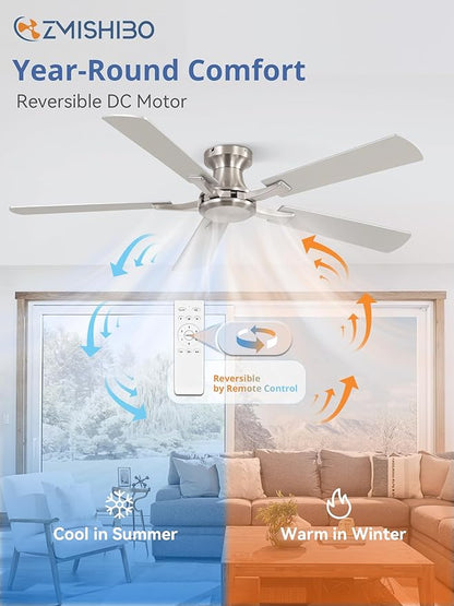 ZMISHIBO 52 Inch Ceiling Fan No Light, Flush Mount Low Profile, Modern Nickel