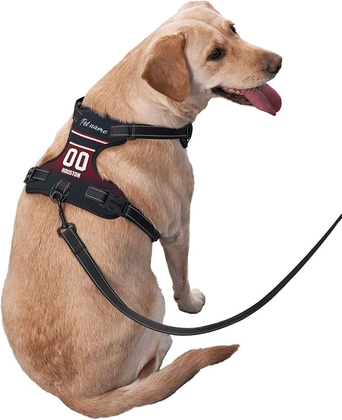 Custom Houston Dog Harness with Reflective Stripes Personalized Name and Number Dog Vest Harness with Pet Traction Rope for Small Medium Large Dog