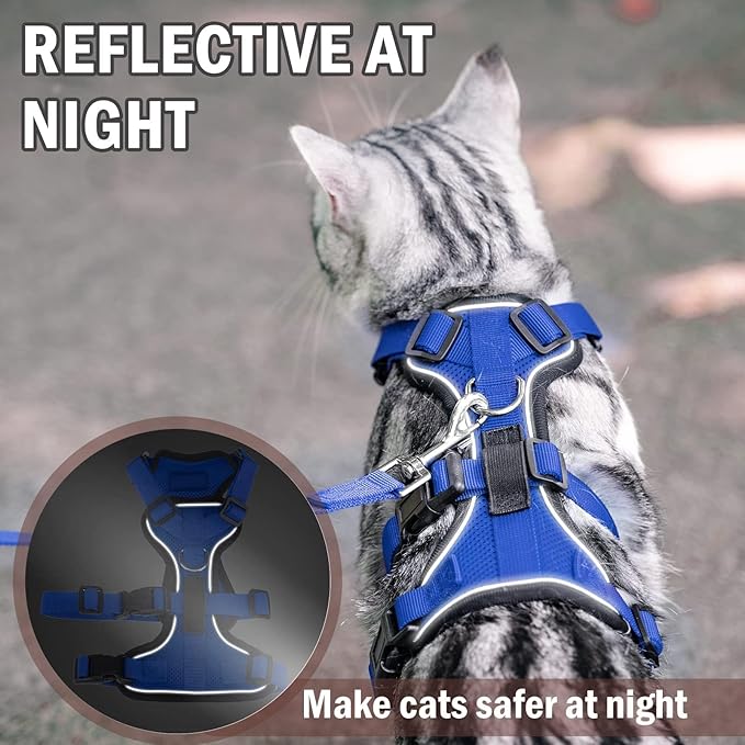 PUPTECK Cat Harness and Leash Set Escape Proof for Walking, Breathable Mash Vest Adjustable Harness for Cats Puppy Small Animals, Reflective at Night, Blue Medium