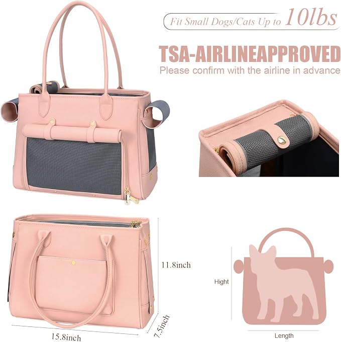 Minsong Fashion Pet Carrier Purse for Small Cat and Dog, Luxury Pu Soft-Sided Tote Bag with Large Pockets for Dogs and Puppies (Pink, 15.8" L x 7.5" W x 11.8" H)