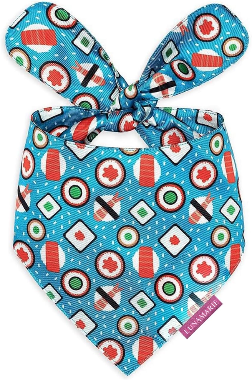 LunaMarie - Luxury Pet Birthday Bandanas -Premium & Silky Poly Fabric | 100% Handmade | Custom Shape Dual Layered (Sushi, Large)