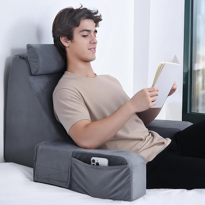 ENITYA Reading Pillow with Arms for Bed Support, 21" Large Back Support Pillow for Sitting up, Wedge Pillow for Reclining, Watching TV, Reading, Gaming, Resting in Bed, Couch or Floor, Grey