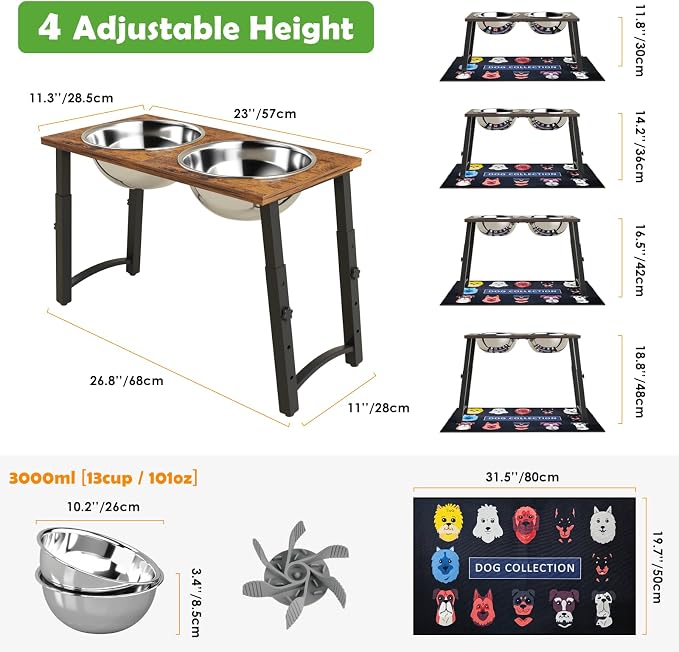 Elevated Dog Bowls for Large Dogs with Slow Feeder & Mat, 4 Height Adjustable & 101oz Bowls, Tall Raised Dog Bowl Stand