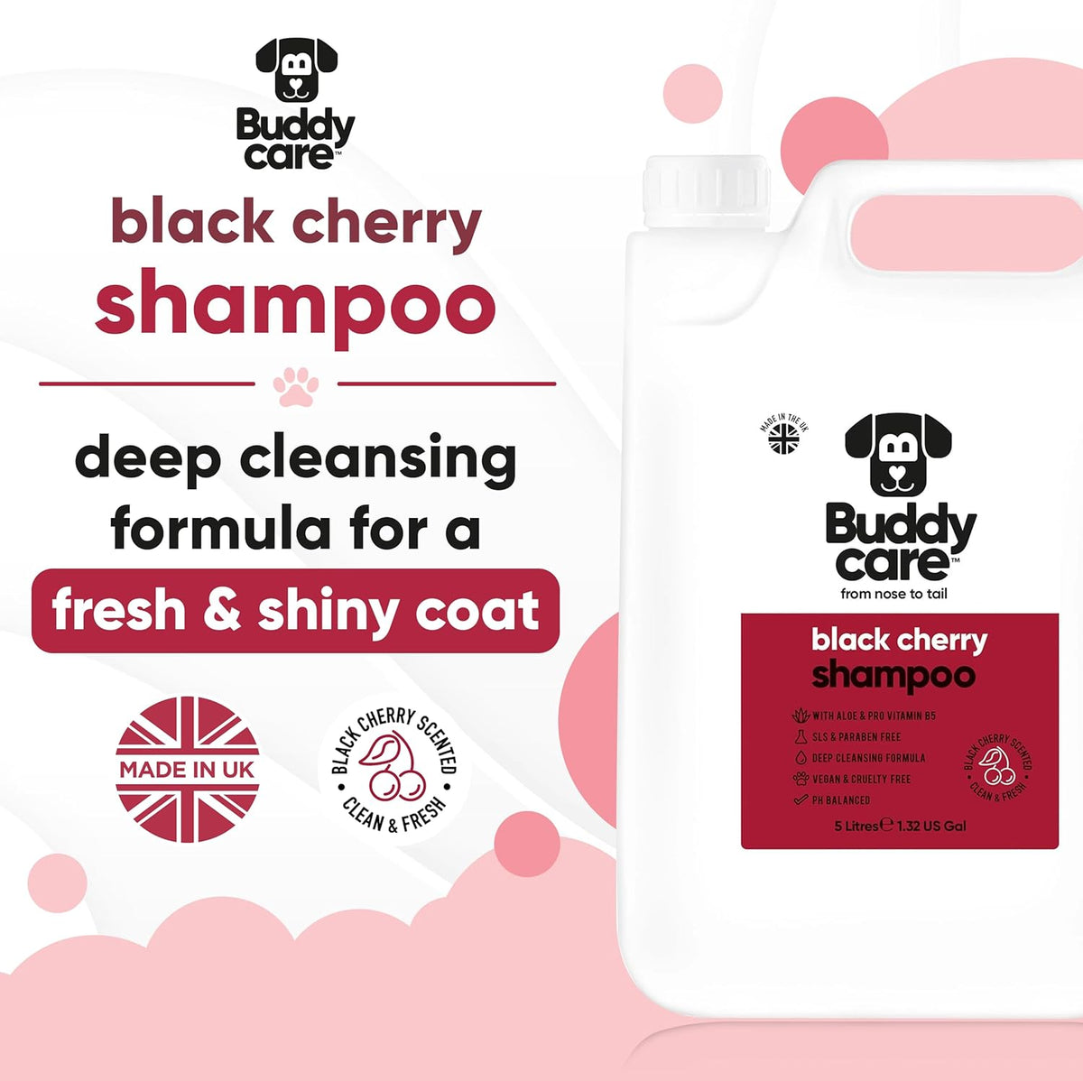 Black Cherry Dog Shampoo by Buddycare | Deep Cleansing Shampoo for Dogs | Black Cherry Scented | with Aloe Vera and Pro Vitamin B5 (169.07oz)