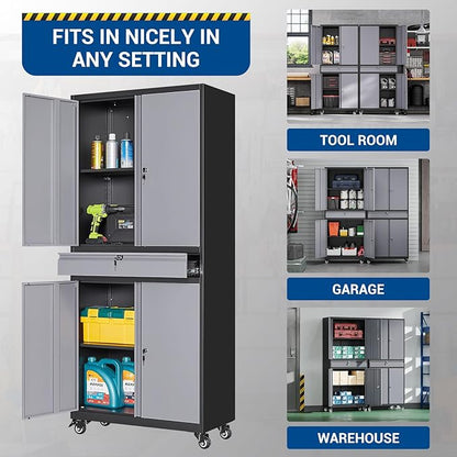 73" Metal Cabinet-Black&Gray Heavy Duty Rolling Storage Cabinet Steel Tool