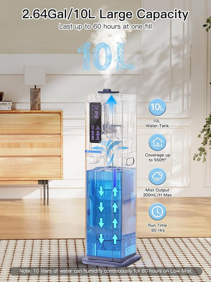 Zeova 10L/2.64Gal Humidifiers for Bedroom, Top Fill Quiet Ultrasonic Cool Mist