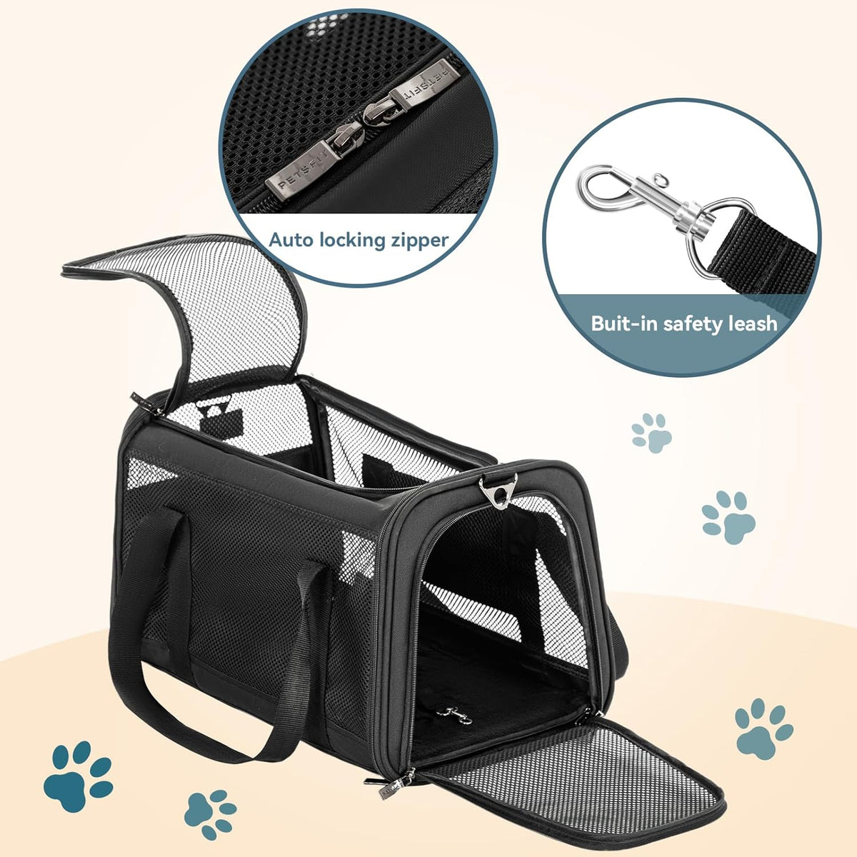 Petsfit Airline Approved Dog Carrier Cat Carrier, Soft-Sided Collapsible Pet Carrier for Travel, 3 Carrying Ways, Lightweight and Ventilation on 5 Sides, Escape Proof, with Soft Fleece Pad