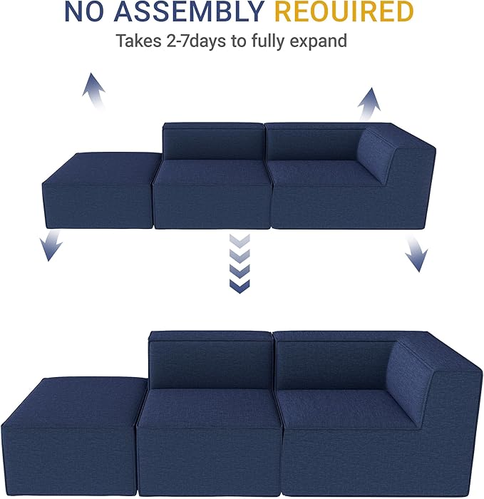 106" Sectional Compressed Sofa Modular Couches,High-Density Foam No Assembly Required,3-Piece(1xCorner 1xArmless 1xOttoman) for Living Room, Chenille Blue