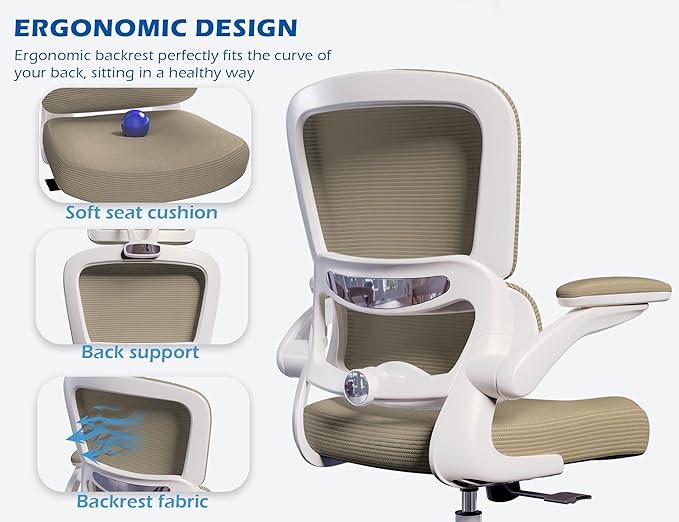 TRALT Ergonomic Office Chair - Desk Chair with Adjustable Lumbar Support Computer Chair - Mesh Comfy Chair with Flip-up Armrests - Gaming Chairs for Adults Home Office (PU Leather, Khaki)