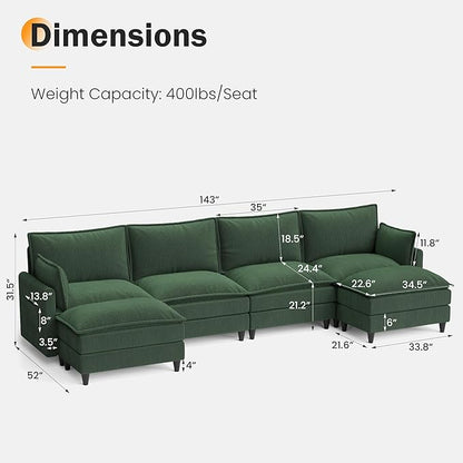 Apicizon 143" Cloud Souch Sectional, 4-Seat Deep Sofa Couch with Ottoman, Modern U Shape Sectional Cloud Sofa Corduroy for Living Room, Apartment, Office, Green