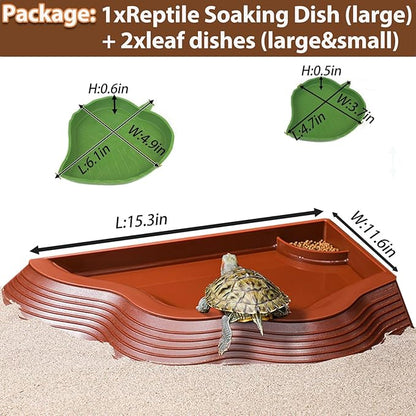 Tortoise Water Bowl with Ramp, 3PCS Leaf Reptile Food Water Bowl Turtle Pool Reptile Water Dish Tortoise Bathing Pool Turtle Soaking Dish Aquarium Habitat Accessories Large