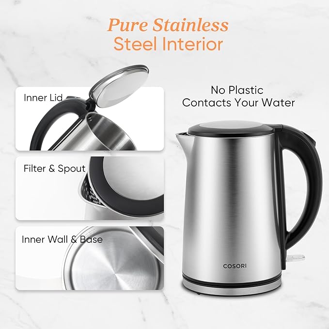 Cosori Electric Kettle, No Plastic Inner Lid, Filter & Spout, Stainless Steel