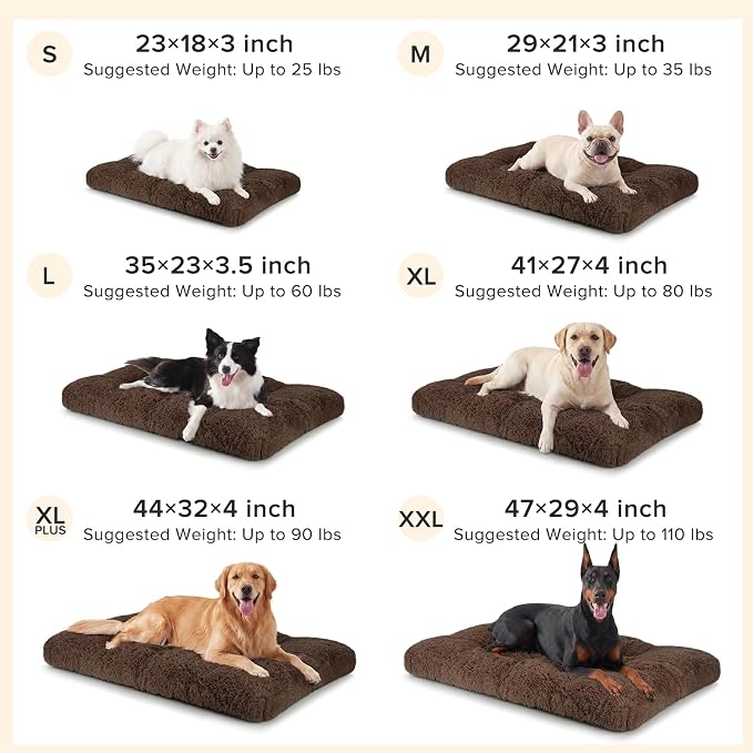 JOEJOY Large Dog Bed Crate Pad, Deluxe Plush Washable Dog Beds Fulffy Soft Kennel Pad Anti-Slip Pet Sleeping Mat for Extra Large Medium Small Dogs, 47" x 29", Brown