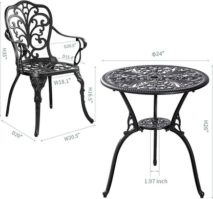 Withniture Bistro Set 3 Piece Outdoor, Bistro Table and Chairs Set of 2, All Weather Patio Bistro Set with Umbrella Hole, Patio Set for Garden, Black