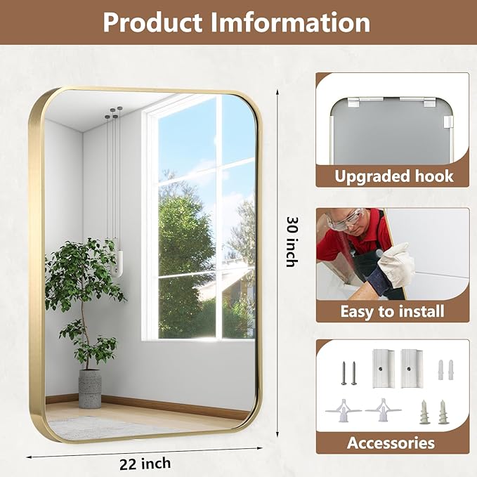 22x30 Inch Gold Bathroom Mirror, Brushed Gold Metal Framed Rectangular Mirror