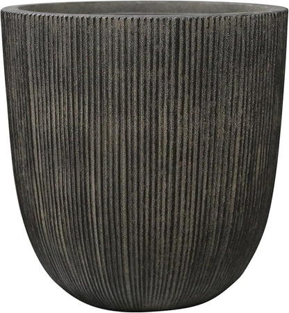 Vintage Black Faux Cement Ribbed Planter, 12.4"H Tall Tapered Egg-Shaped Plastic Plant Pot with Drainage Hole & Plug, Large Modern Indoor Outdoor Flower Pot for Home, Garden, Patio and Houseplants