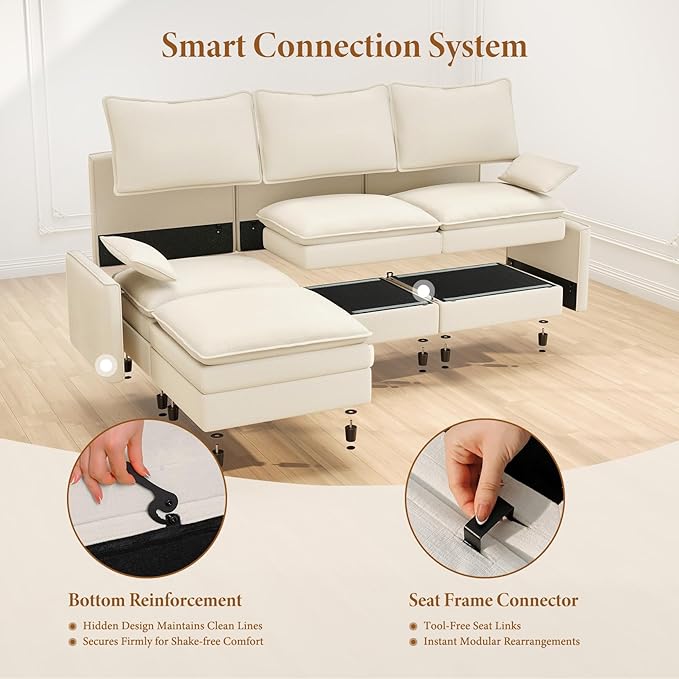 Vesgantti 101" V-Shaped Corner Couch Sectional, 7 Seat Customizable Modular Cloud Couches with Movable Ottoman, Chenille Deep Seat Sofa Set with Chaise for Living Room, Bedroom and Apartment, Beige