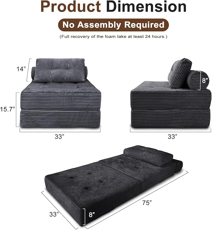 Folding Sofa Bed Futon, Boneless Couch, Supportive Sleeper Chair with Pillow, Comfy Plush Corduroy Fabric, Cozy Floor Couch, Versatile Convertible Mattress for Living Room, Dark Grey