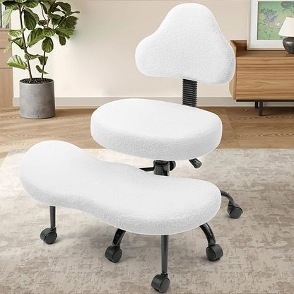 Cross Legged Office Chair, Criss Cross Desk Chair ADHD Meditation Kneeling Yoga Seat with Adjustable Height, Lumbar Support, Wider Footrest and Wheels (Pearl White)