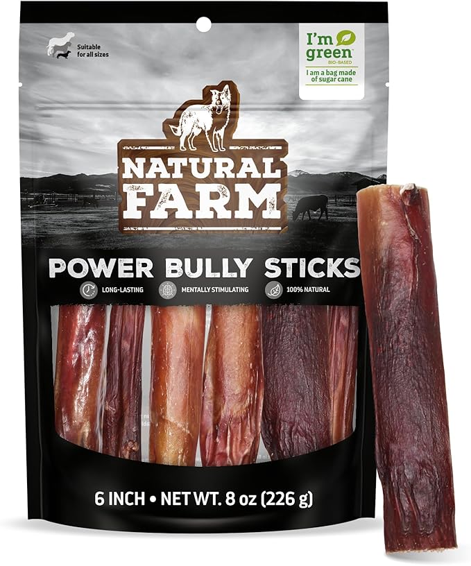 Natural Farm Power Bully Sticks Dog Chews (6”,8 Ounces), 2-in-1 Power Chews: Premium Beef Cheek Wrapped in Beef Pizzle, Double Chewing Time, Promotes Dental Health, Great for Medium Dogs