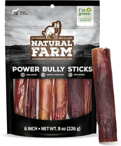 Natural Farm Power Bully Sticks Dog Chews (6”,8 Ounces), 2-in-1 Power Chews: Premium Beef Cheek Wrapped in Beef Pizzle, Double Chewing Time, Promotes Dental Health, Great for Medium Dogs