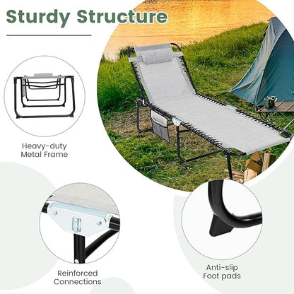 Tangkula Beach Lounge Chair for Outside, Folding Chaise Lounge Outdoor with 4-Position Backrest, Removable Headrest and Side Pocket, Portable Sunbathing Tanning Chair for Patio, Poolside (1, Grey)