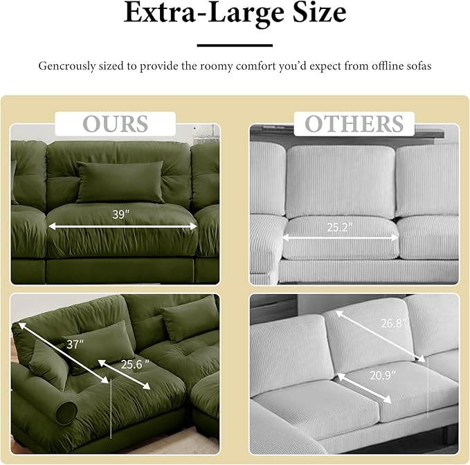 130"Oversized Couch, 3 Seater Modular Sectional Sofa, Olive Green Large L Shaped Sectional Couches for Living Room, Fluffy Couch Set, 3 Seater, Velvet Cloud Couches with Ottoman, Sofas for Living Room