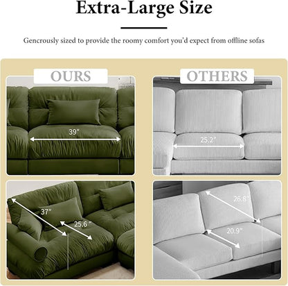 130"Oversized Couch, 3 Seater Modular Sectional Sofa, Olive Green Large L Shaped Sectional Couches for Living Room, Fluffy Couch Set, 3 Seater, Velvet Cloud Couches with Ottoman, Sofas for Living Room