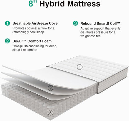 Novilla Twin XL Mattress, 8 Inch TXL Size Mattresses in a Box with Smarts™ Coil for Pressure Relief, Medium Plush Foam and Spring Hybrid Colchones with CertiPUR-US Certified for Kids