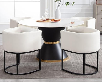 VESCASA Faux Leather Upholstered Dining Chairs with Barrel Back, Modern Padded Restaurant Chairs with Black Metal Frame for Kitchen, Dining Room, Set of 2, White