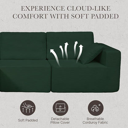 108” Modular Sectional Sofa Couch with Ottoman, 3-Seater Boneless Couch, L Shape Sectional Sofa Compressed Sofa for Living Room Bedroom, No Assembly Needed (Green, 3 Seats+1 Ottoman)