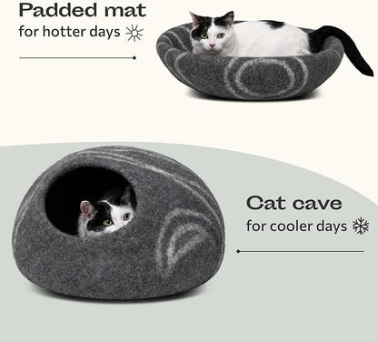 Cat Cave – Premium Felt Cat Bed Enclosure for Indoor Cats, Handmade Merino Wool (Dark Grey, Large)