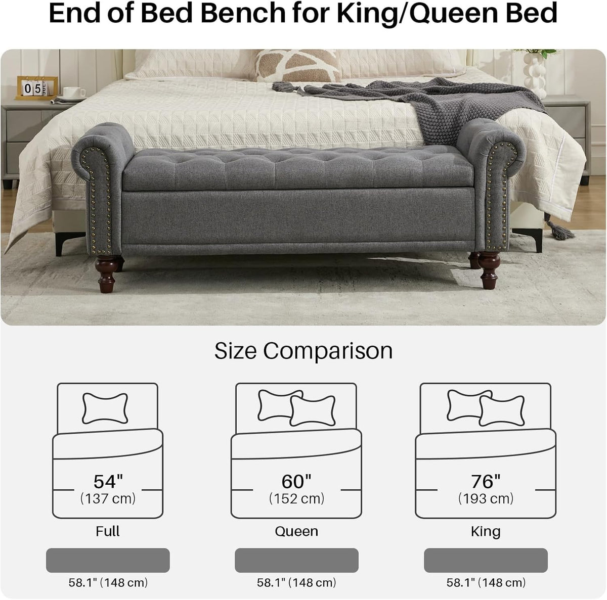 58.1'' Storage Bench Upholstered Linen End of Bedroom Bed Bench Ottoman with Tufted Cushioned Rolled Arm Large Storage Space for Reading Living Room Entryway, Grey