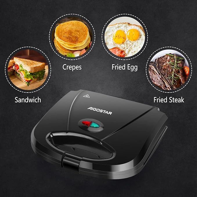 Aigostar Sandwich Maker with Non-stick Deep Grid Surface