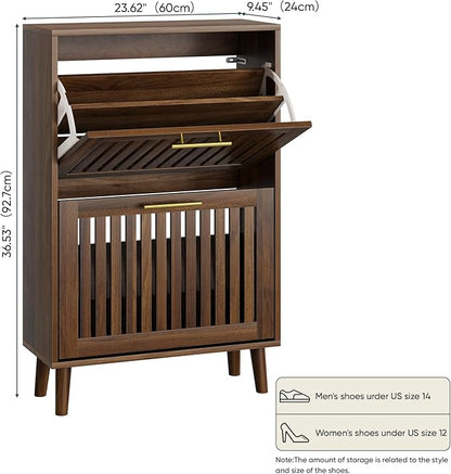 Shoe Cabinet with 2 Flip Slatted Drawers, Farmhouse Slim Shoe Organizer Rack