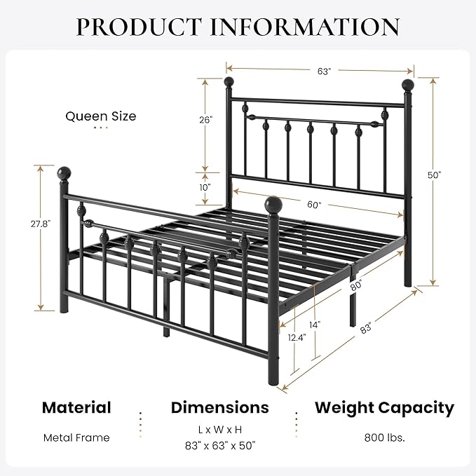 SHA CERLIN 14'' Queen Size Metal Platform Bed Frame/Victorian Headboard and Footboard/Steel Slats Mattress Foundation for Storage/No Box Spring Needed/Noise Free/Black